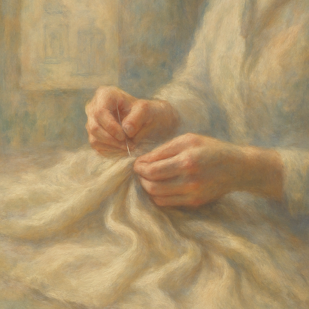 Een impressionistisch Monet-schilderij toont close-up van handen die zorgvuldig werken aan een luxe textiel met fijne details, met vage historische schetsen op de achtergrond. De scène straalt ambacht, kwaliteit en een gevoel van rijk erfgoed uit.