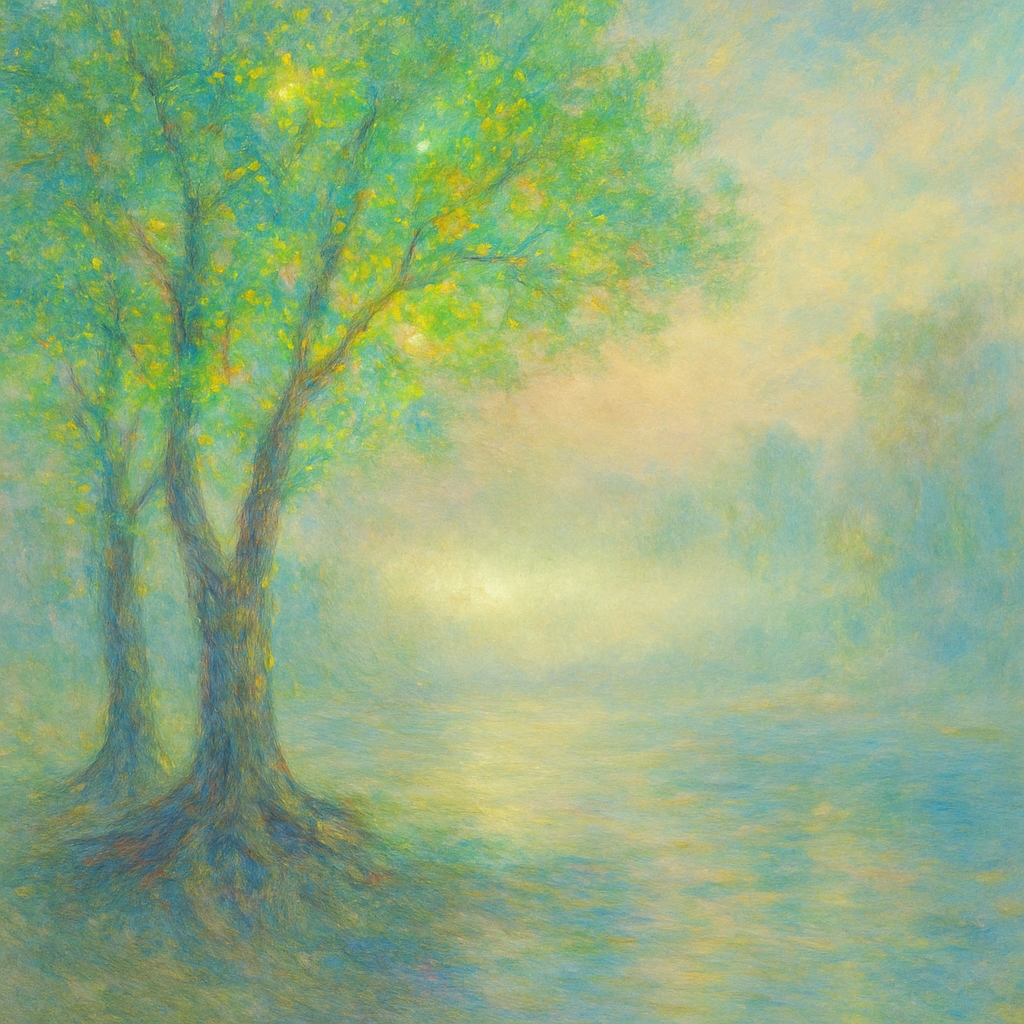 Een Monet-stijl schilderij van een landschap met gnarled bomen die erfgoed symboliseren, heldere bladeren voor innovatie, en een gloeiende mist die exclusiviteit voorstelt. De algehele sfeer is die van een zintuiglijke en emotionele connectie met luxe, weergegeven door zachte kleuren en subtiele lichtinvallen.