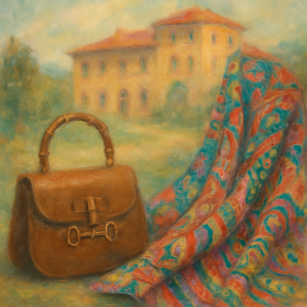 Een Monet-achtig schilderij dat de ontwikkeling van Gucci uitbeeldt. Een klassieke lederen tas versmelt met moderne, kleurrijke stoffen tegen een impressionistische achtergrond van een luxe setting.