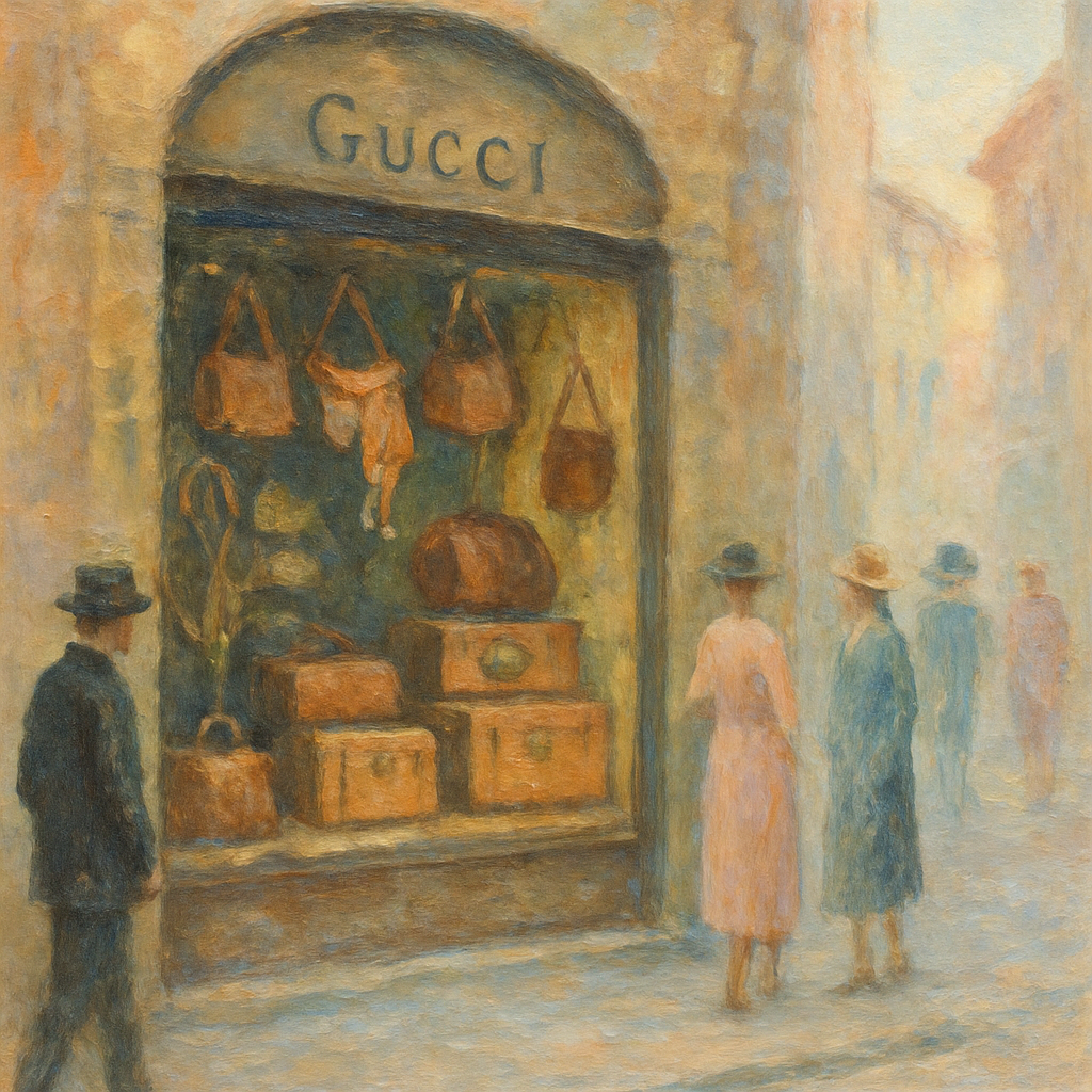 Een Monet-stijl schilderij van de allereerste Gucci winkel in Florence, 1921, met elegante lederwaren in de etalage en een zacht weergegeven straatbeeld.