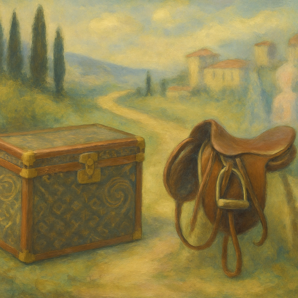 Een Monet-stijl schilderij dat de evolutie van luxe symboliseert, met links een robuuste reiskoffer van gecoat canvas en rechts elegante lederen paardensportartikelen, beide samensmeltend in zachte, moderne mode-elementen op de achtergrond.