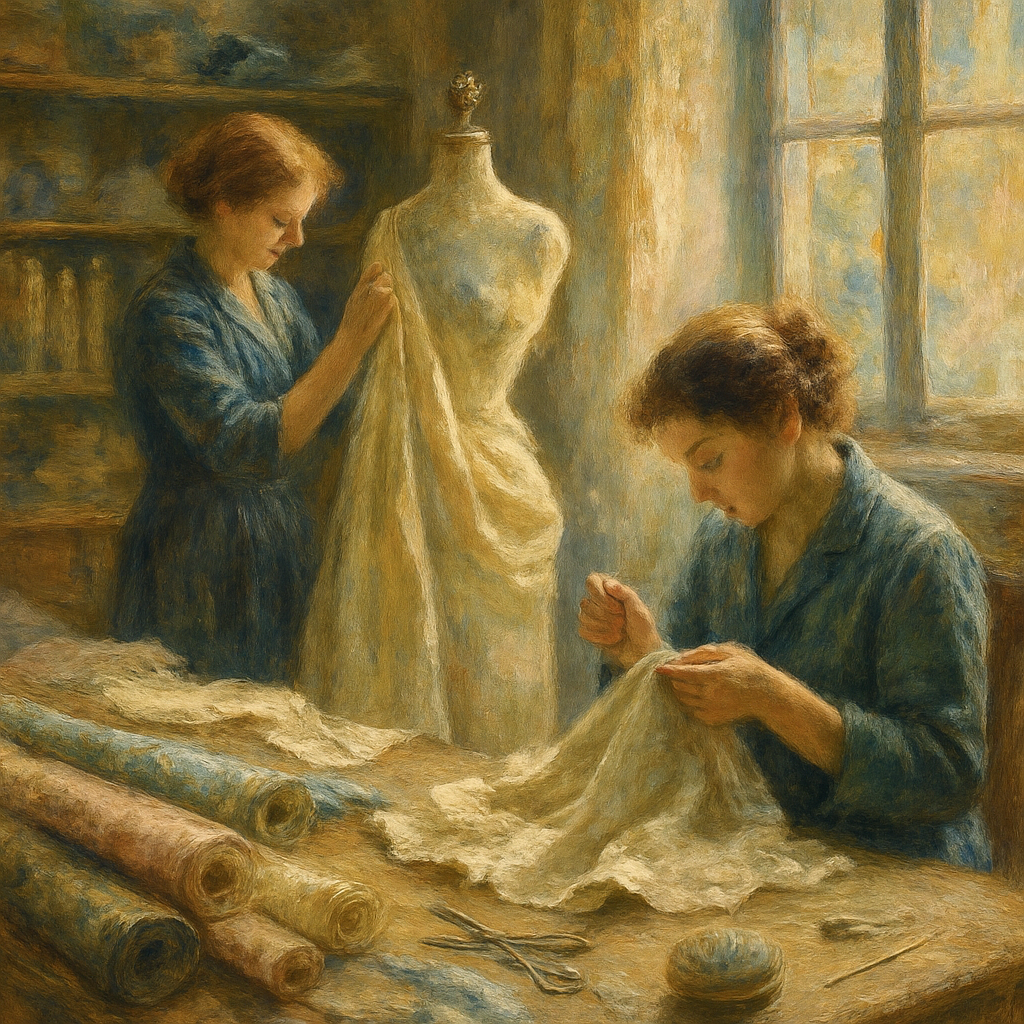 Een Monet-stijl schilderij van een haute couture atelier waar ambachtslieden stoffen draperen en complexe canvas constructies handmatig stikken, belicht door zacht daglicht.