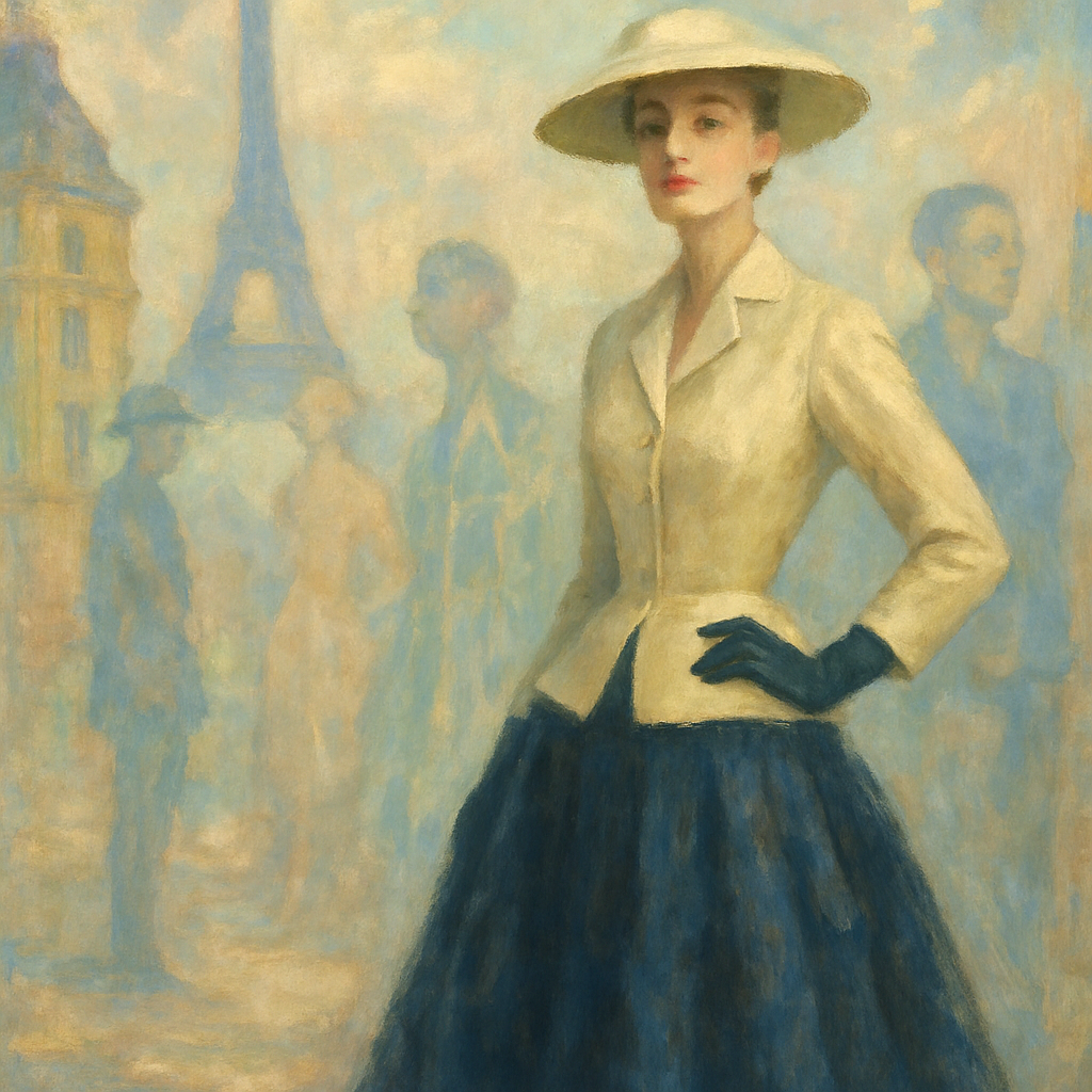 Een impressionistisch schilderij in Monet-stijl. Het toont een elegante vrouw in een Dior 'New Look' jurk met ingesnoerde taille en volle rok. Op de achtergrond zijn vage contouren van Parijse architectuur en abstracte figuren te zien, die de invloed van Europese en Amerikaanse couture huizen symboliseren.