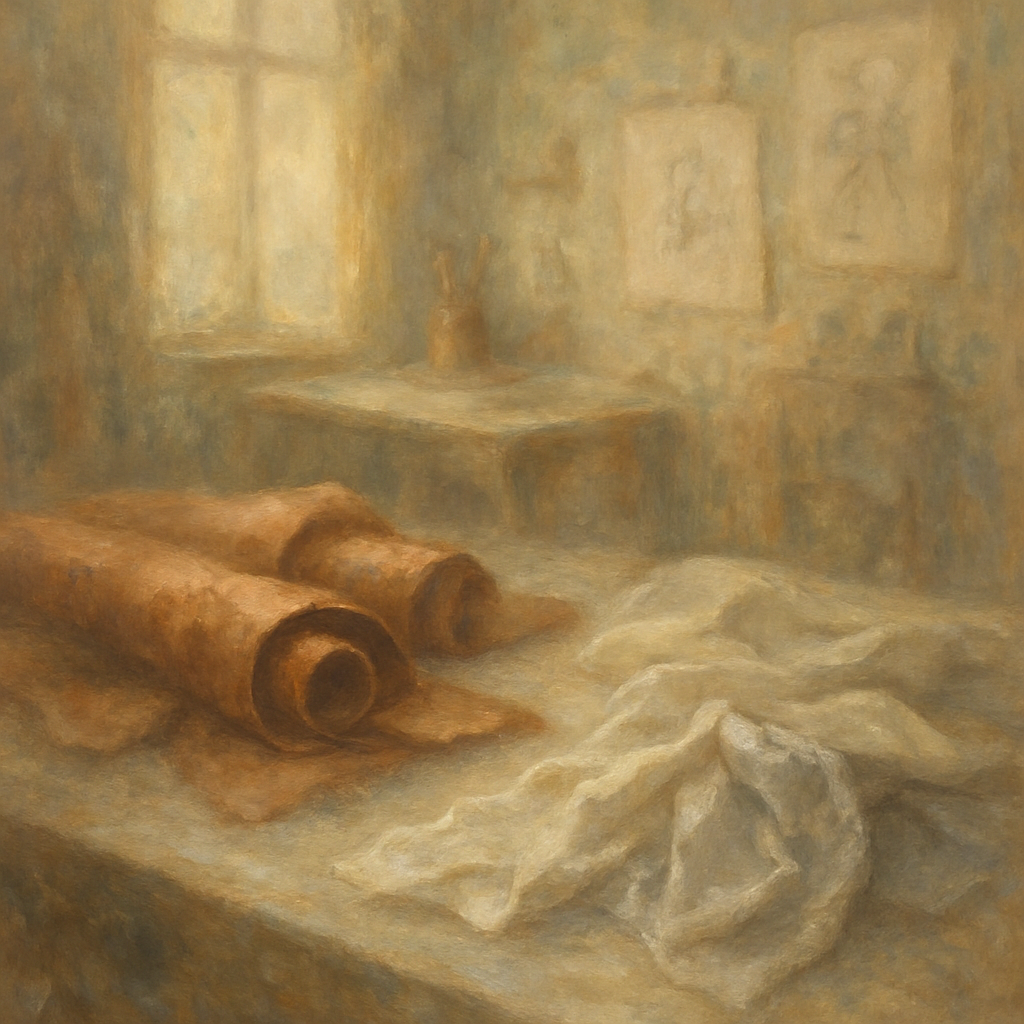 Een impressionistisch schilderij in Monet-stijl van een zacht verlicht atelier, met gedrapeerde leren en zijden stoffen in warme en zachte tinten, omgeven door vage vormen die ambachtelijke gereedschappen suggereren.