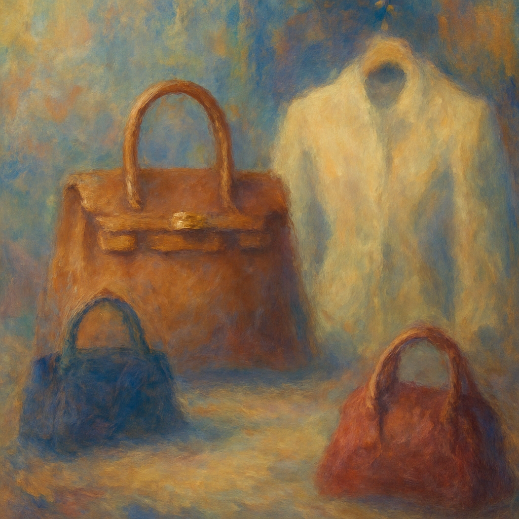 Een Monet-achtig schilderij dat abstracte vormen van luxe stoffen en lederwaren toont, met zachte kleuren en vloeiende lijnen die vakmanschap en tijdloze elegantie suggereren.