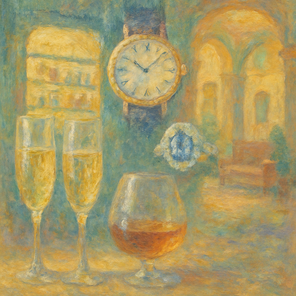 Een impressionistisch schilderij in Monet-stijl dat verschillende luxeartikelen en -omgevingen toont. In de voorgrond zijn de contouren van champagneglazen en een cognacglas te zien. Daarachter een horloge en een sieraad. Op de achtergrond zijn vage indrukken van een beautywinkel en een luxe hotellobby zichtbaar.