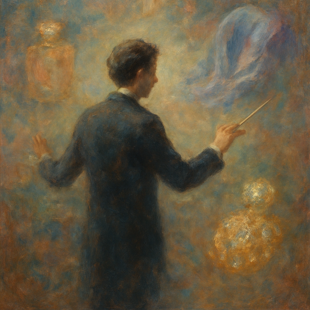 Een Monet-achtig schilderij toont een dirigentfiguur. Rondom hem wazige impressionistische vormen die luxe artikelen suggereren. De kleuren zijn rijk en gedempt, wat een sfeer van elegantie oproept.