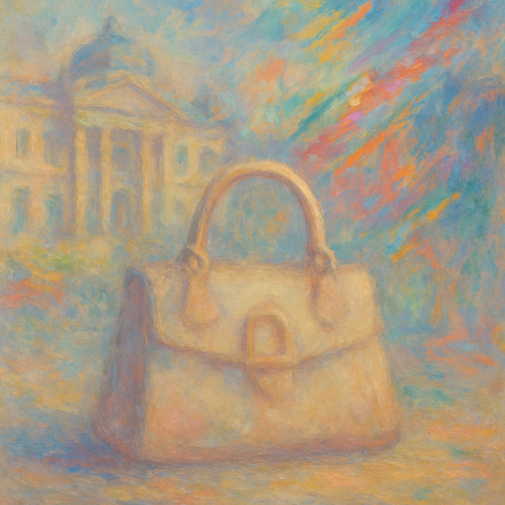 Een Monet-stijl schilderij met een luxueuze tas of sieraad op de voorgrond, omgeven door een aura van exclusiviteit. De achtergrond toont een mix van klassieke architectuur en moderne abstracte vormen, wat de balans tussen traditie en innovatie van LVMH's strategieën symboliseert.