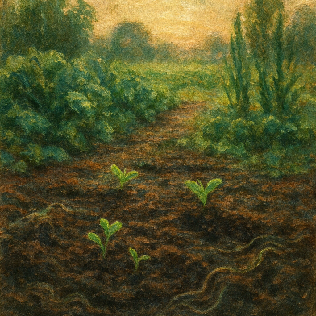 Een impressionistisch Monet-stijl schilderij van donkere, rijke moestuinbodem met kleine groene scheuten, belicht door zonsopgang of zonsondergang, wat de diepte en het leven in de aarde symboliseert.