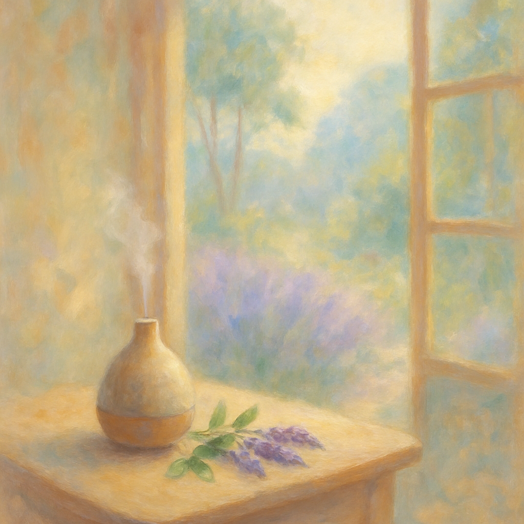 Een Monet-stijl schilderij van een vredige kamer badend in zonlicht, met een venster dat uitkijkt op een tuin. Een diffuser, lavendel en pepermunt symboliseren natuurlijke bescherming.