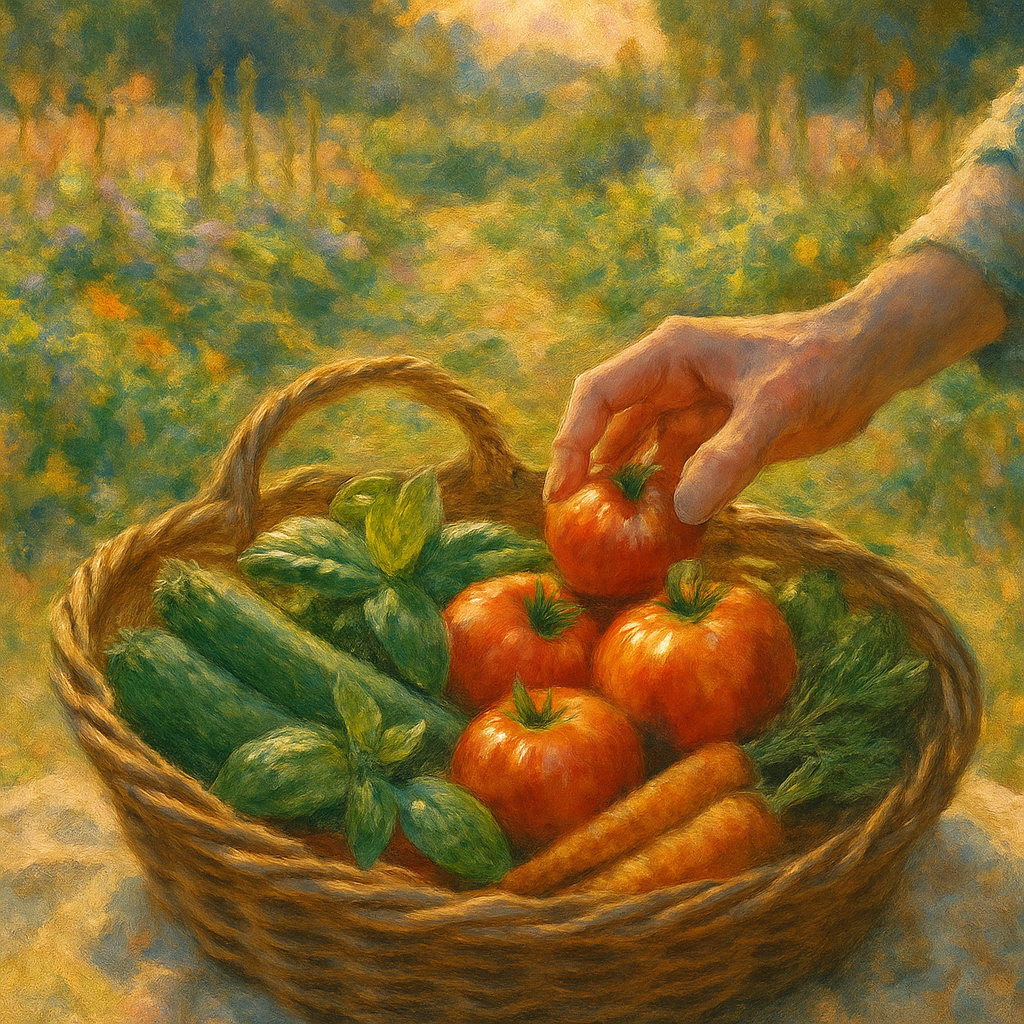 Een Monet-achtig schilderij van een hand die een zongerijpte tomaat aanraakt, te midden van een mand vol verse groenten en kruiden uit een biologische moestuin.