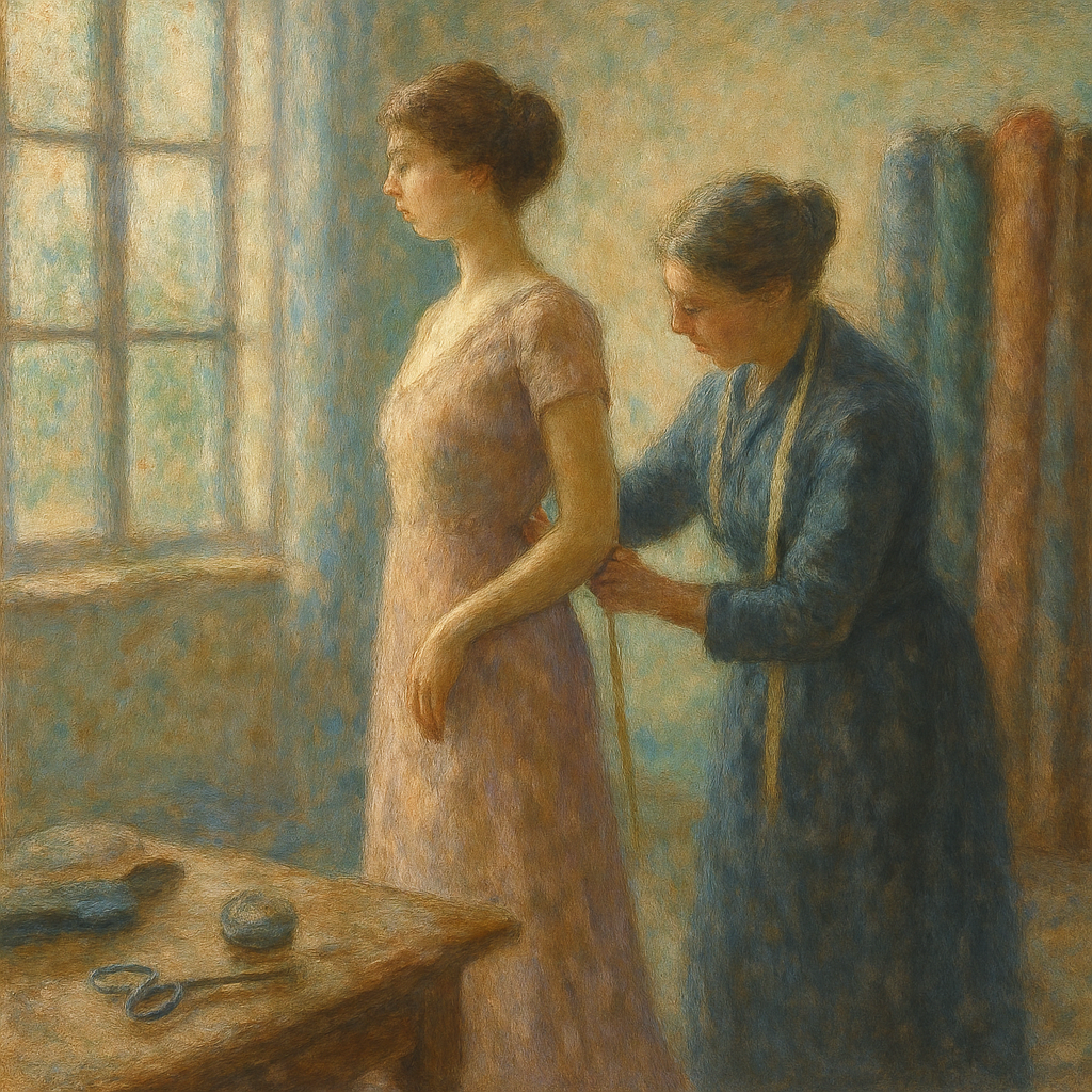 Een Monet-stijl schilderij van een vroeg 20e-eeuws couture-atelier in New York, waar een elegante vrouw een pasbeurt krijgt voor een jurk. Een naaister verricht nauwgezet werk terwijl zachte licht door de ramen valt. Rollen stof en naaiattributen zijn subtiel zichtbaar.