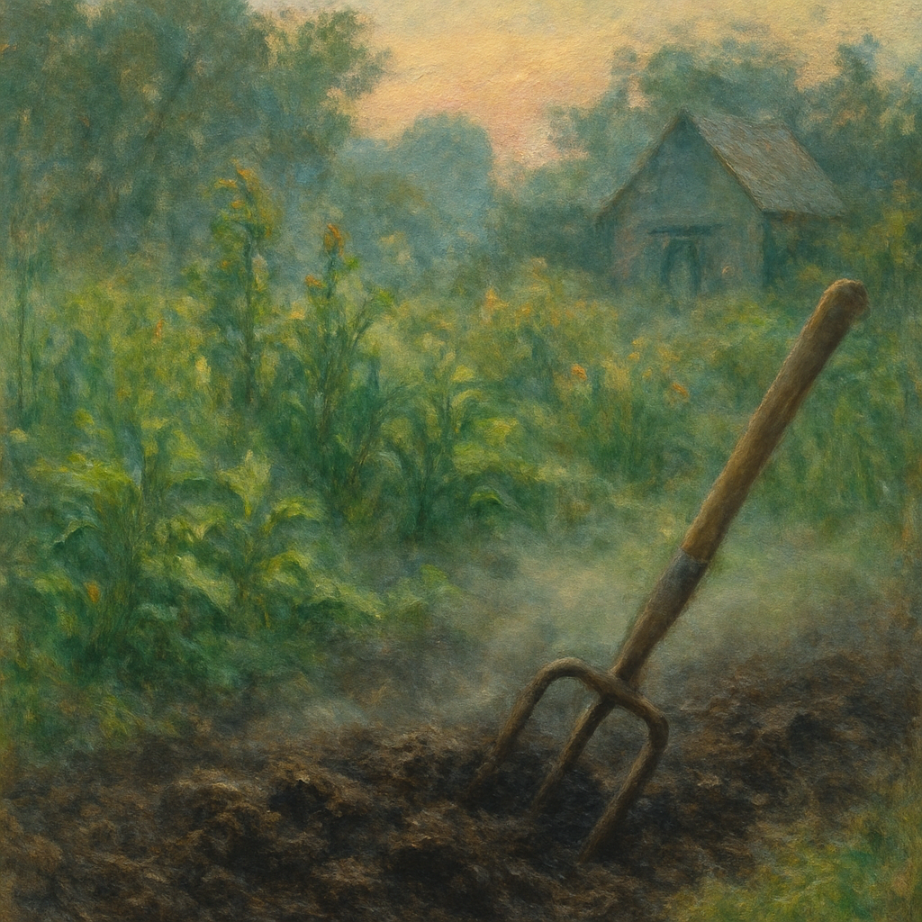 Een impressionistisch schilderij in Monet-stijl van een rustige tuin bij zonsopgang of zonsondergang, met de nadruk op rijke, donkere aarde die wordt bewerkt met een vintage handgereedschap. Weelderige groene planten groeien in het midden en op de achtergrond zijn vage, natuurlijke elementen te zien, wat een gevoel van vrede en vitaliteit oproept.