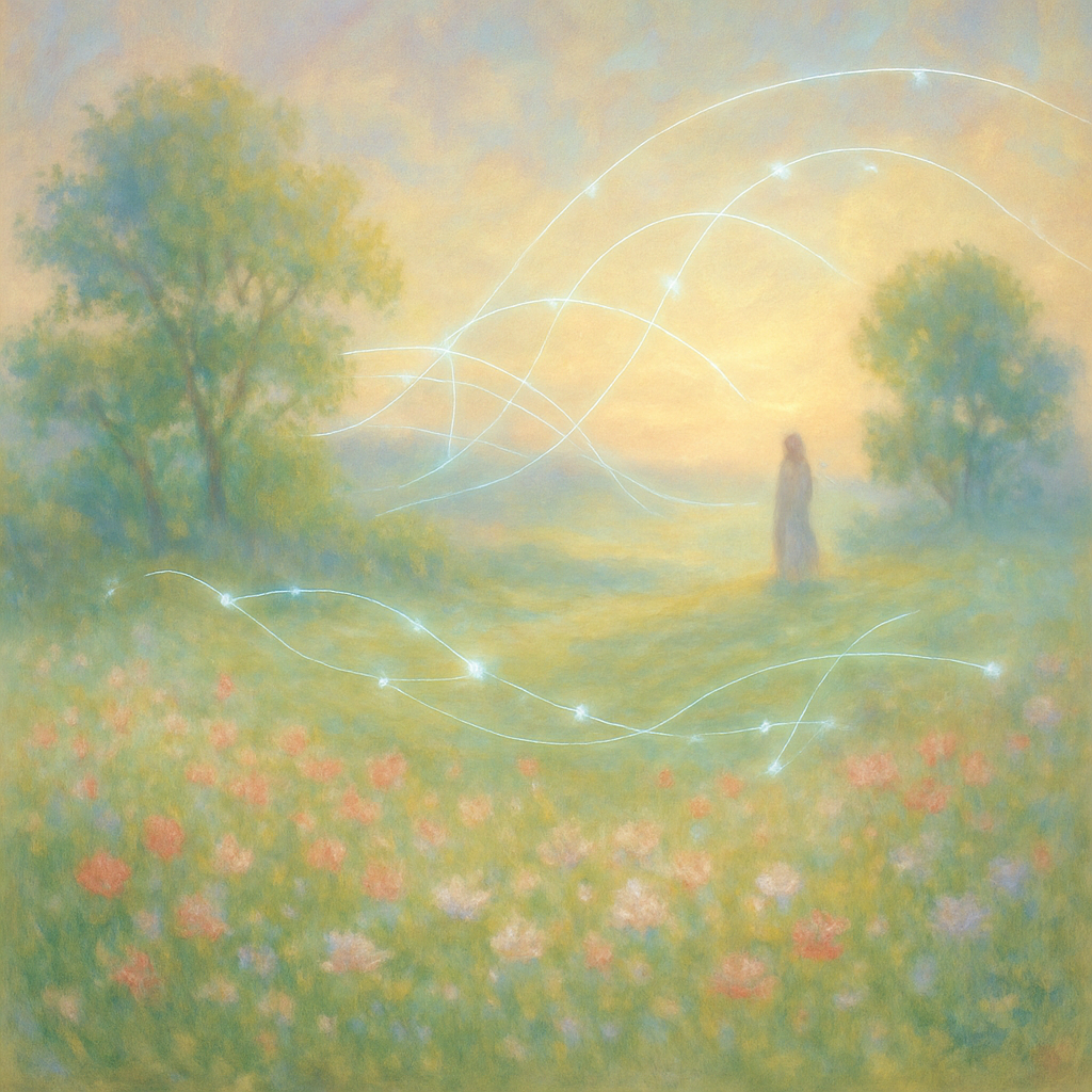 Een Monet-achtig schilderij van een landschap waar een zachte wind waait. Groene velden en bloemen vermengen zich met etherische, lichtgevende digitale lijnen en vormen. Een elegante, vage figuur observeert de horizon. De sfeer is dromerig en verfijnd, met de nadruk op duurzaamheid en de digitale evolutie.