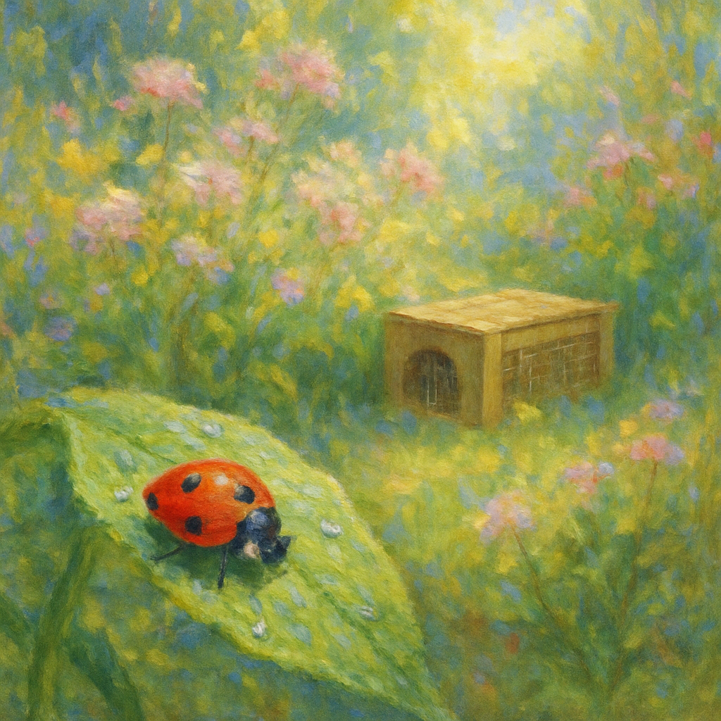 Een Monet-achtig schilderij van een rustige tuin met een lieveheersbeestje op een blad en een subtiele, diervriendelijke val verborgen tussen de bloemen, symboliserend eco-vriendelijke ongediertebestrijding.