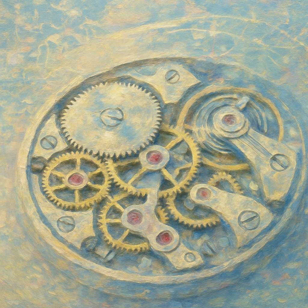 Een Monet-schilderij met een gedetailleerde weergave van de complexe tandwielen en veren van een horlogemechanisme, dat overgaat in abstracte digitale lijnen en netwerken op de achtergrond.