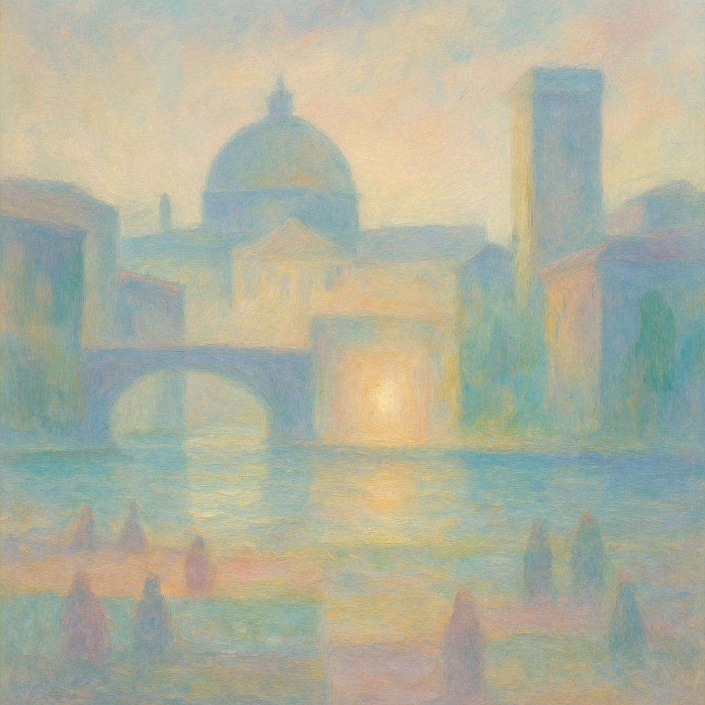 Een impressionistisch Monet-achtig schilderij van een landschap met abstracte architectonische vormen en zachte kleursegmenten die strategische e-mailcampagneplanning, segmentatie en personalisatie symboliseren. In het midden straalt een zachte, uitnodigende gloed.