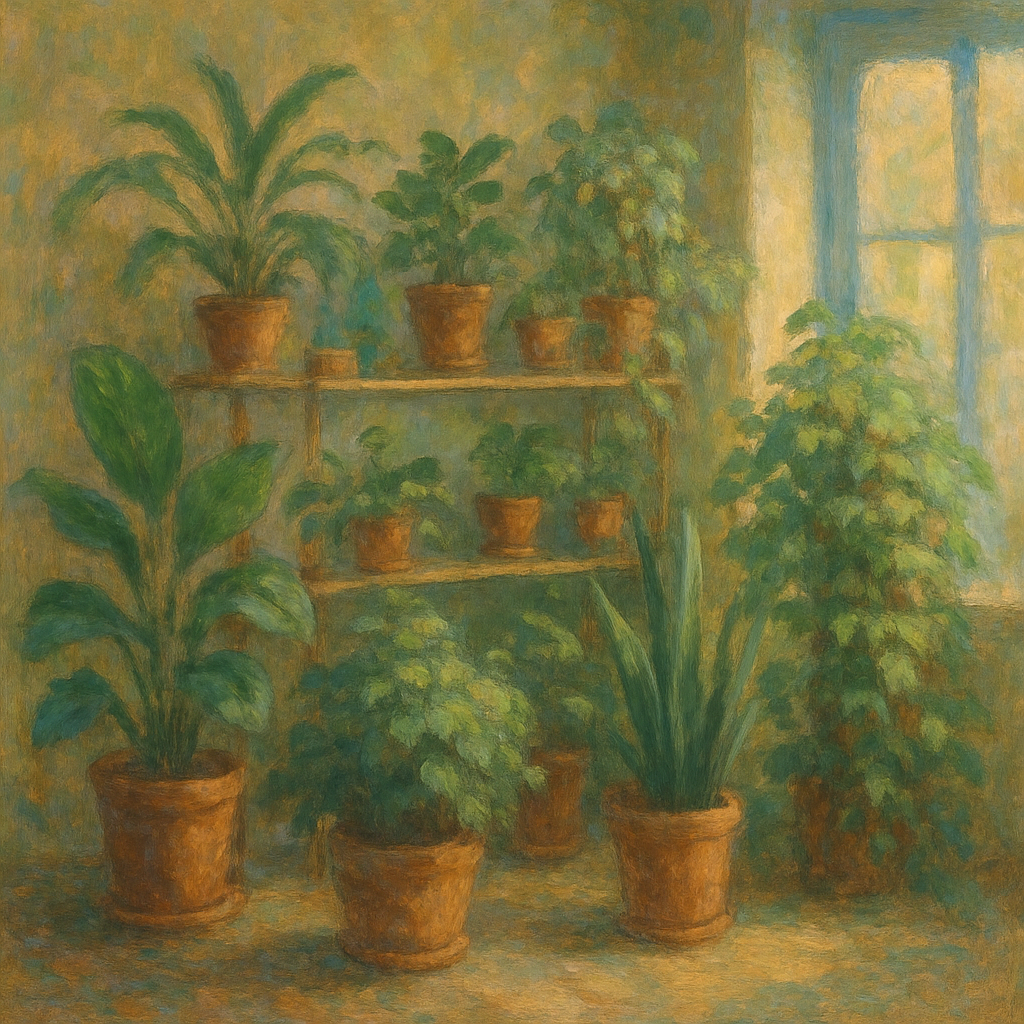 Een Monet-achtig schilderij van een kamer vol diverse, gezonde kamerplanten die baden in zacht, diffuus licht. De bladeren zijn weelderig groen en de compositie is rustig en harmonieus.