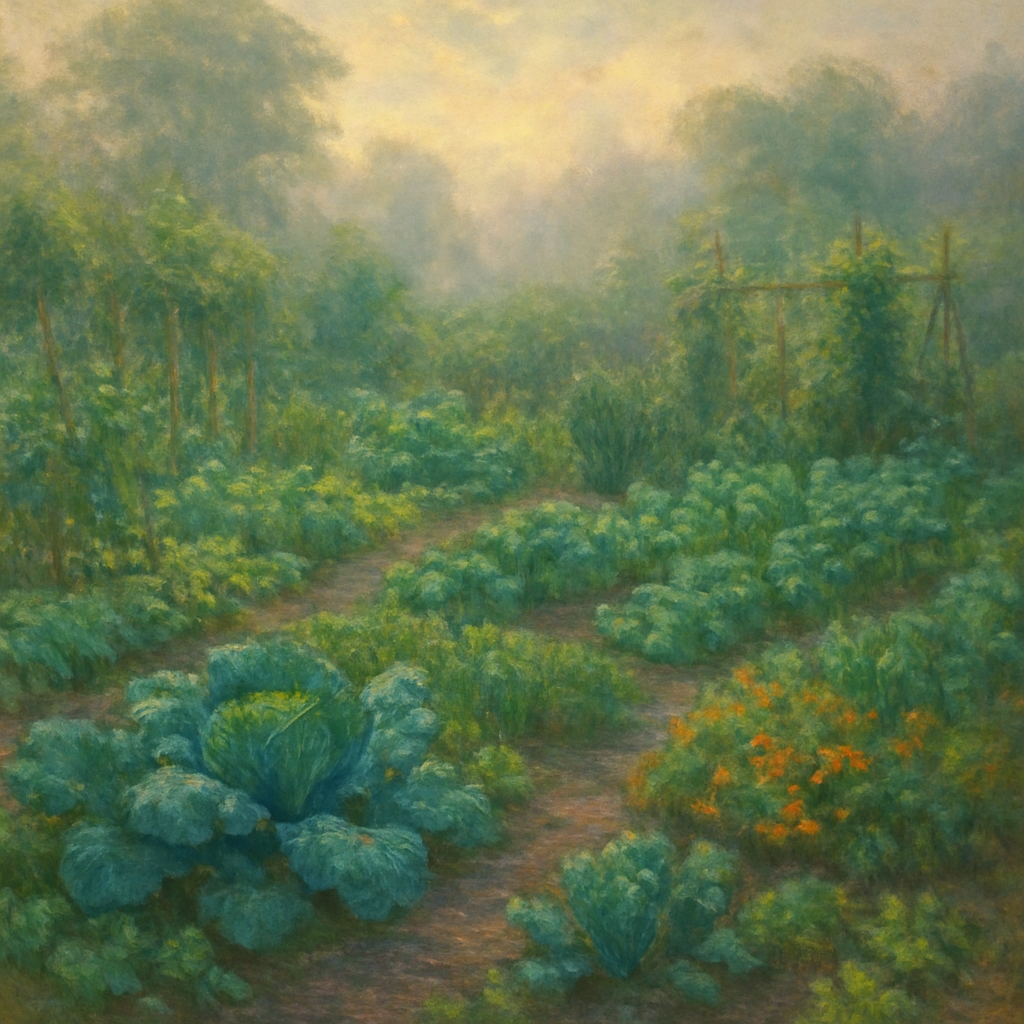Een Monet-stijl schilderij van een weelderige, biologische moestuin bij zonsopgang, vol met groene planten en zachte kleuren die de natuurlijke rijkdom en rust benadrukken.