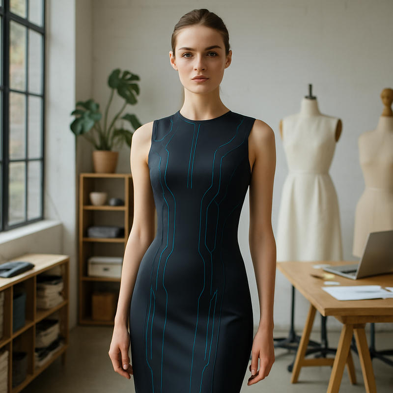 Model op de catwalk draagt futuristische duurzame slimme kleding gemaakt met innovatieve textieltechnologie