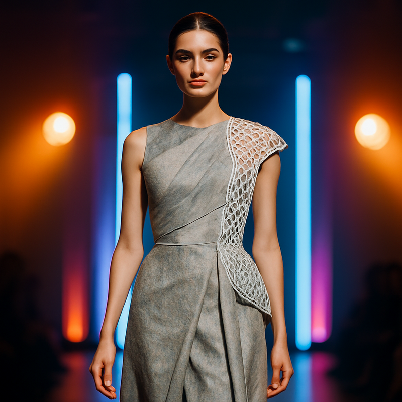 Model op de catwalk in duurzame haute couture gemaakt van gerecyclede en 3D-geprinte stoffen