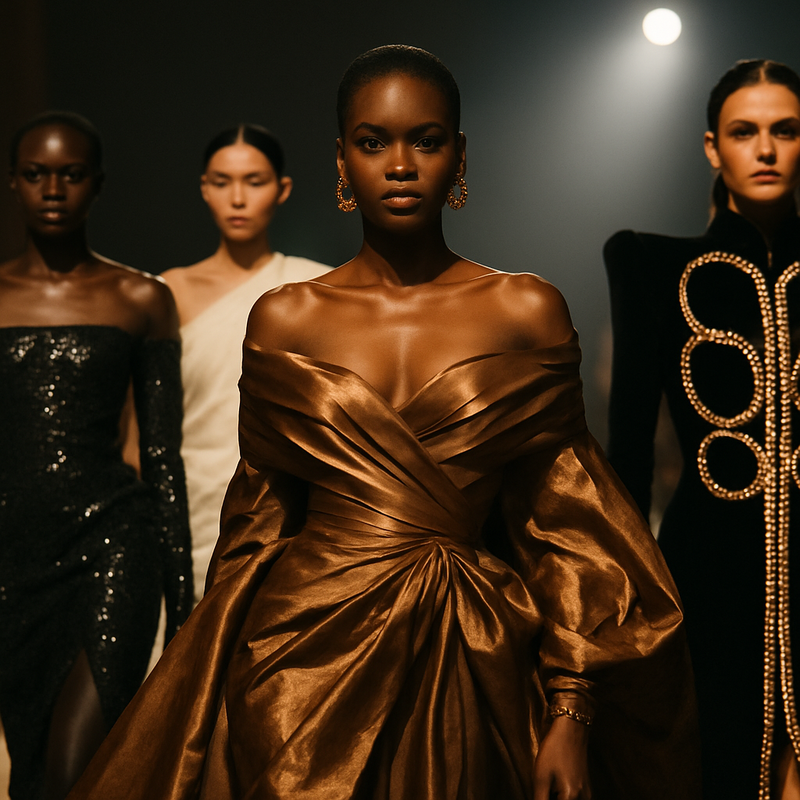 Olivier Rousteing op de runway tijdens zijn laatste show voor Balmain, met dramatische haute couture kleding en spotlight.
