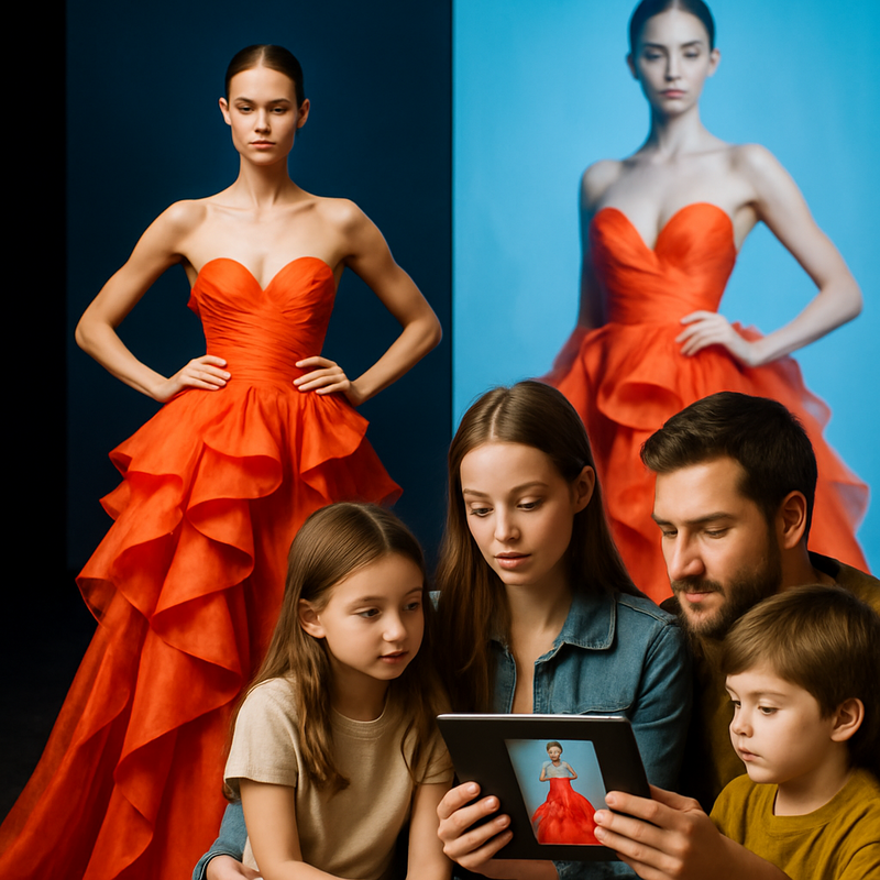 Luxe modefotografie met AI-elementen naast een gezin dat op een tablet mode aankopen bekijkt