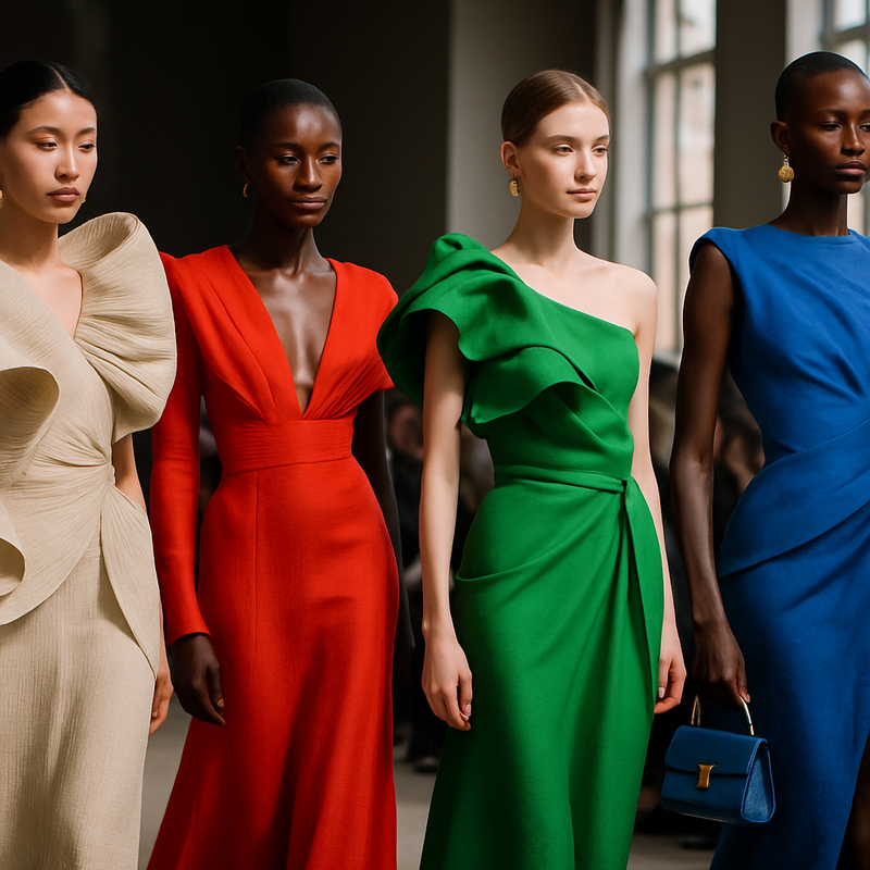 Luxe haute couture runway met opvallende silhouetten en futuristische accessoires voorjaar zomer 2026