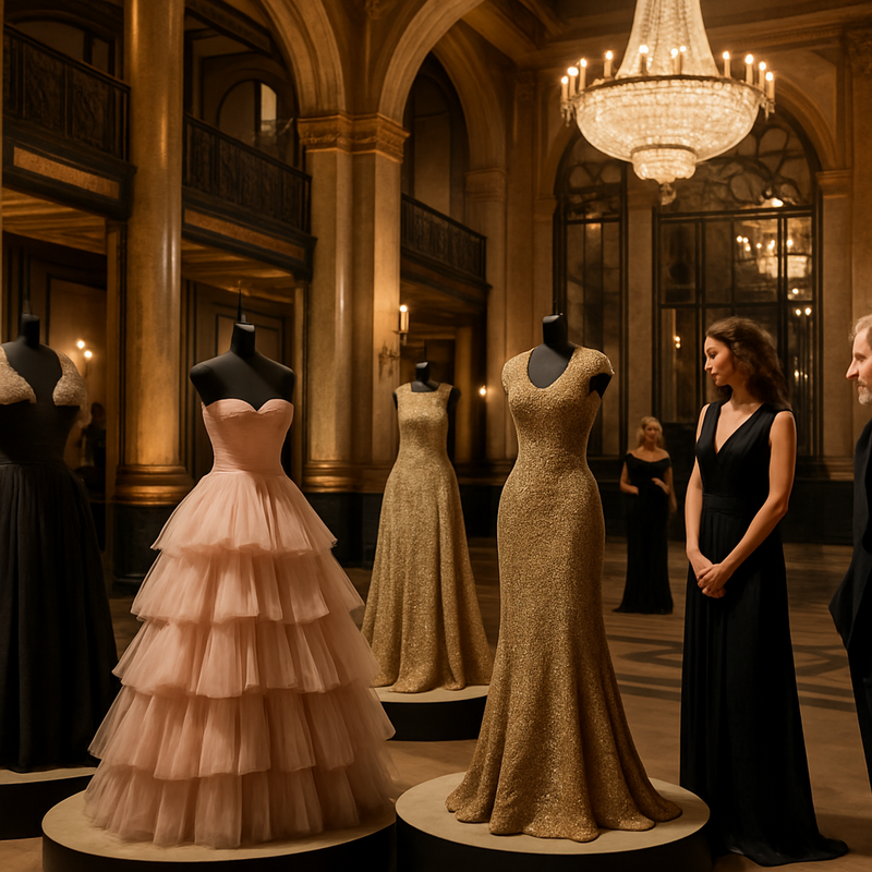 Luxe haute couture tentoonstelling met elegante jurken en art deco elementen