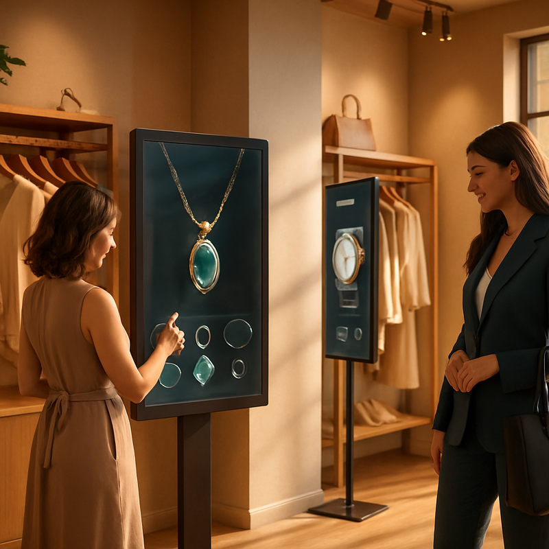 Interieur van een luxe boetiek met duurzame mode en digitale AR-schermen