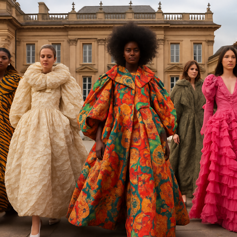 Diverse modellen in volumineuze, kleurrijke haute couture outfits op een luxe catwalk