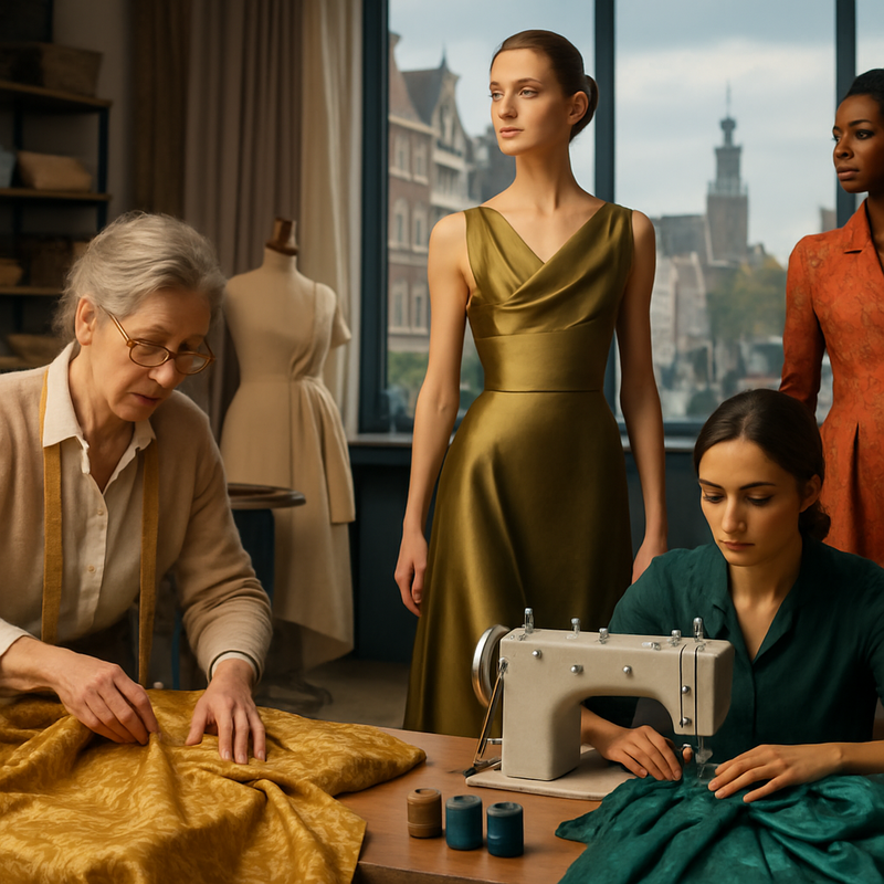 Lokale Nederlandse haute couture ontwerpster aan het werk aan een exclusieve jurk in haar atelier