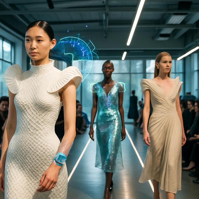 Modellen op een catwalk dragen innovatieve, duurzame haute couture vanuit een Nederlands modeinstituut.