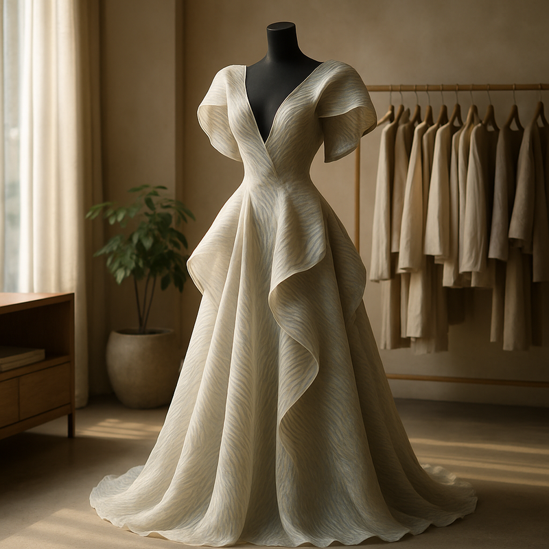 Luxueuze haute couture jurk van innovatieve, vormveranderende stof in een chique boetiek