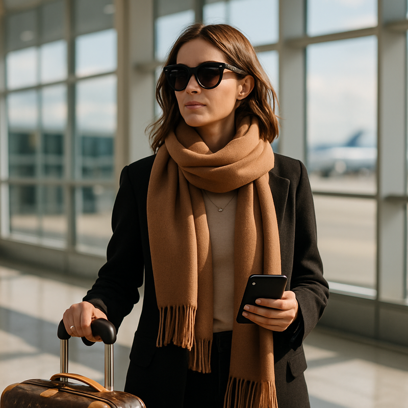 Elegante vrouw met cashmere sjaal en designer koffer op luchthaven in luxe reisoutfit