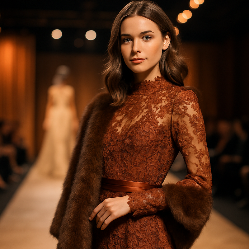 Modeblogger toont exclusieve haute couture jurk tijdens een luxueus modenevenement