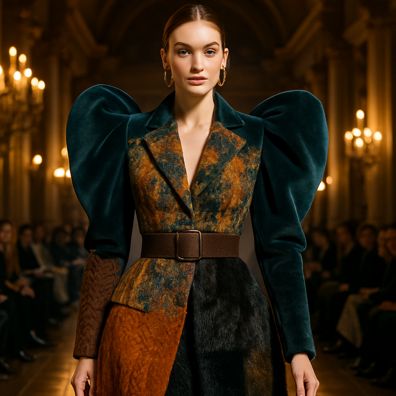 Model op haute couture catwalk herfst/winter 2025 met enorme schouders en rijke stoffen in een luxe setting