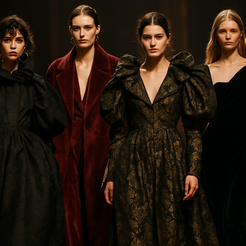 Haute couture modellen met volumineuze outfits en rijke texturen op de catwalk