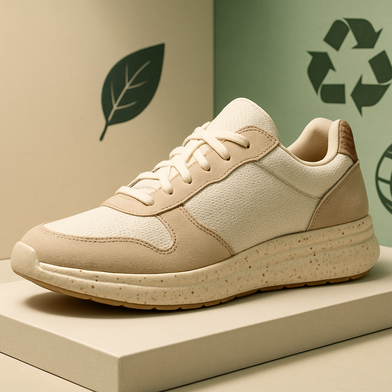 Duurzame sneaker van gerecyclede en biologisch afbreekbare stoffen, op modieus podium