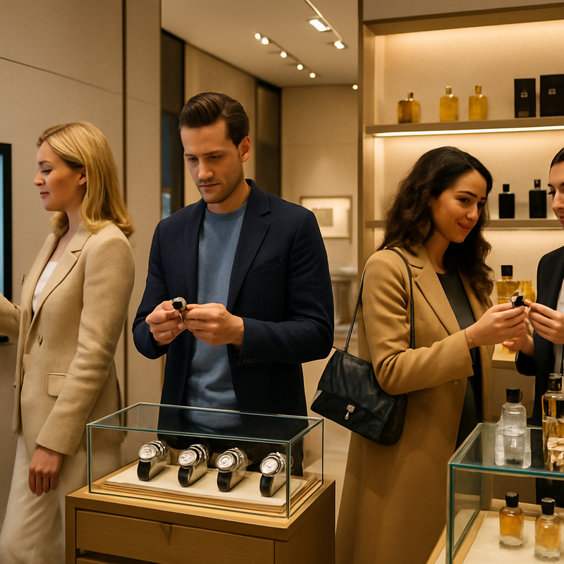 Interieur van een luxe boutique met shoppers bij high-end horloges en parfums