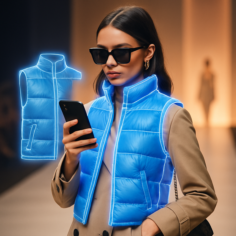 Jonge persoon met smartphone en virtuele paskamer-app met luxe mode op de achtergrond