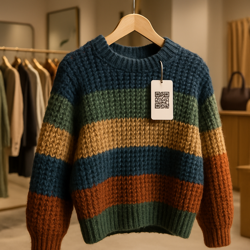 Luxe gebreide trui van gerecycled katoen met QR-code label in een boutique omgeving