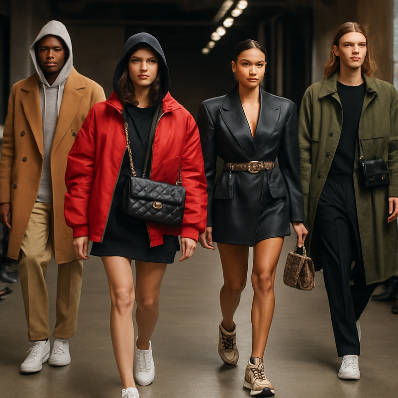 Divers modellen tonen een mix van streetwear en haute couture op de catwalk.