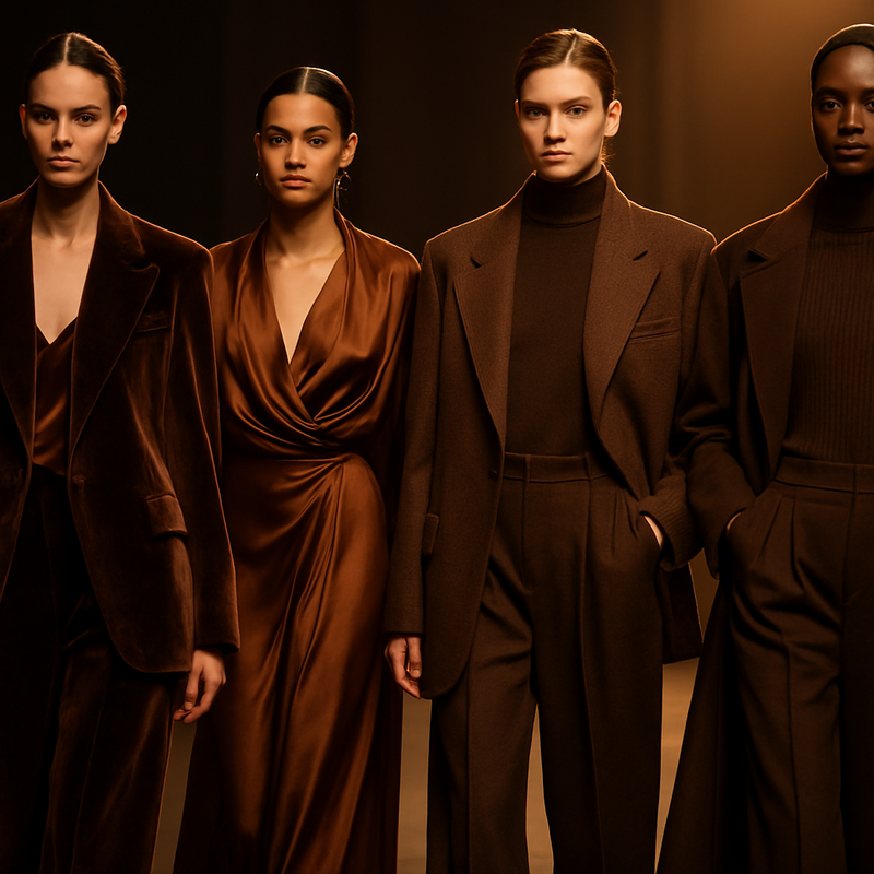 Model loopt op catwalk in warme bruine haute couture outfit van fluweel en satijn