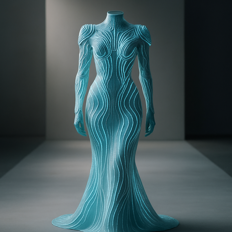Futuristisch 3D-geprint haute couture jurkje op de catwalk in minimalistische setting