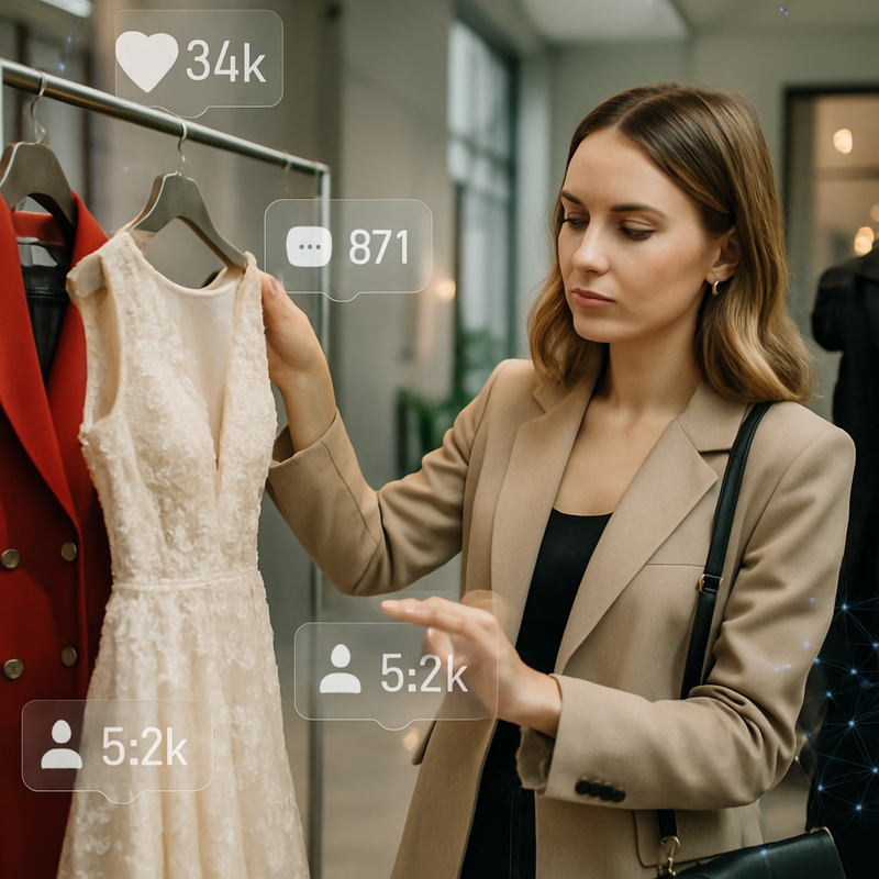 Mode-influencer bekijkt luxe haute couture kleding met social media en AI visuals