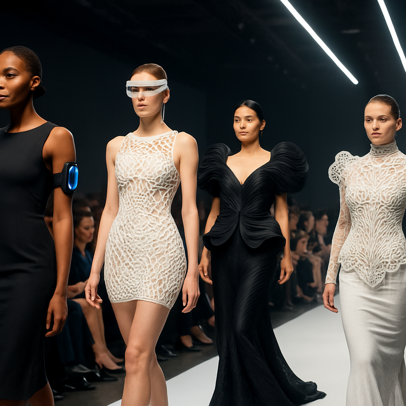 Futuristische haute couture met 3D-geprinte stoffen en geïntegreerde technologie op een modeshow