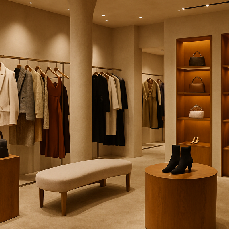 Interieur van een luxe modewinkel met vintage designer kleding en exclusieve presentatie