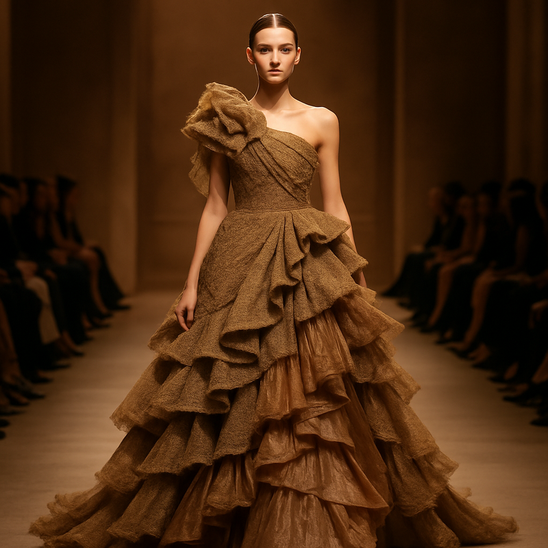 Luxueuze haute couture jurk gemaakt van duurzame stoffen in warme bruintinten op de runway