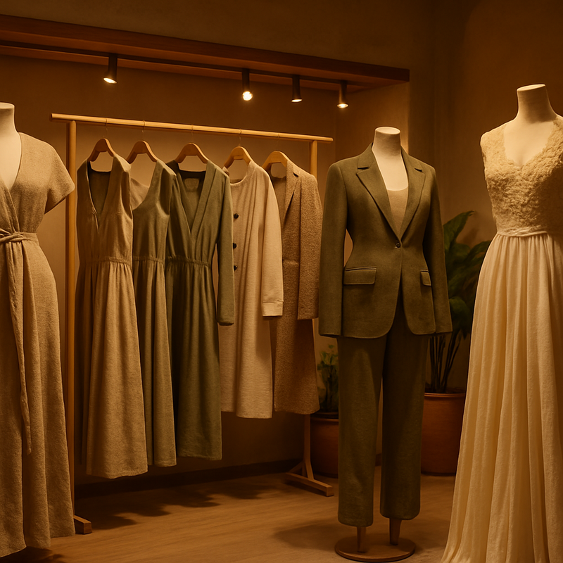 Luxe duurzame mode in een exclusieve winkel met natuurlijke materialen en moderne ontwerpen.